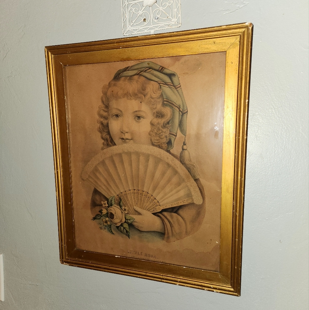 Antique Gold Painted Wood Frame & Lithograph Print Titled "Little Rosa"